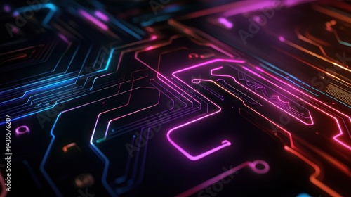 Colorful circuit board close-up with glowing traces in a dark background.  Possible use for technology or futuristic concept
