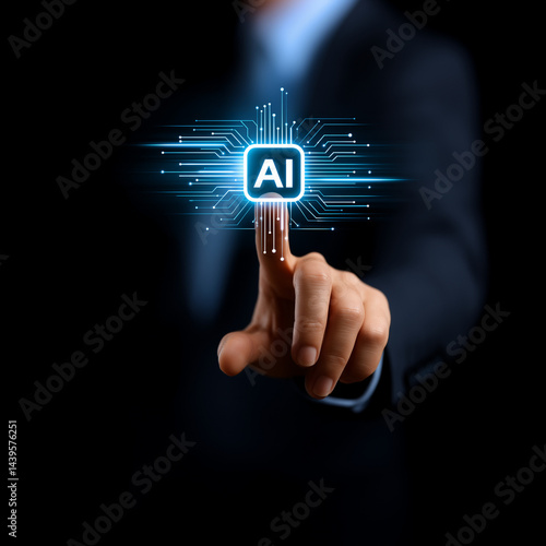 Main sur icône IA futuriste