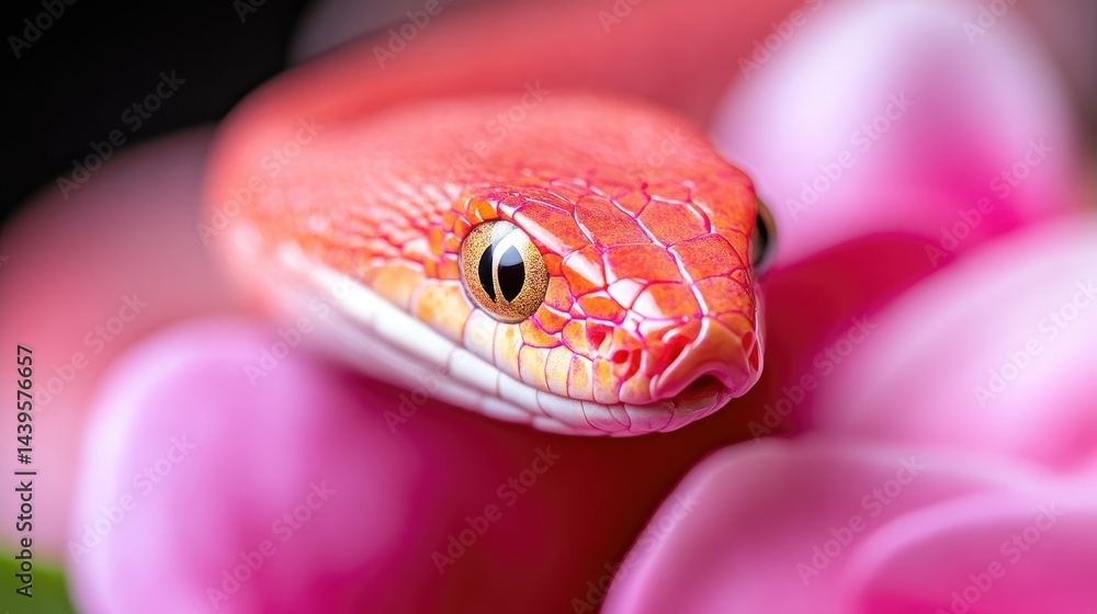 Obraz premium Albino Corn Snake Pink Flowers Vibrant Macro Photography Close-up Profile View Scaly Texture Resting Amidst Blossoms Pink Coral Hues Nature Photography