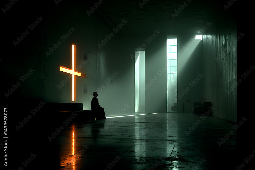 Naklejka premium Image of a person kneeling in front of a large cross in a minimalist church, with soft light streaming from the windows, minimalist style.