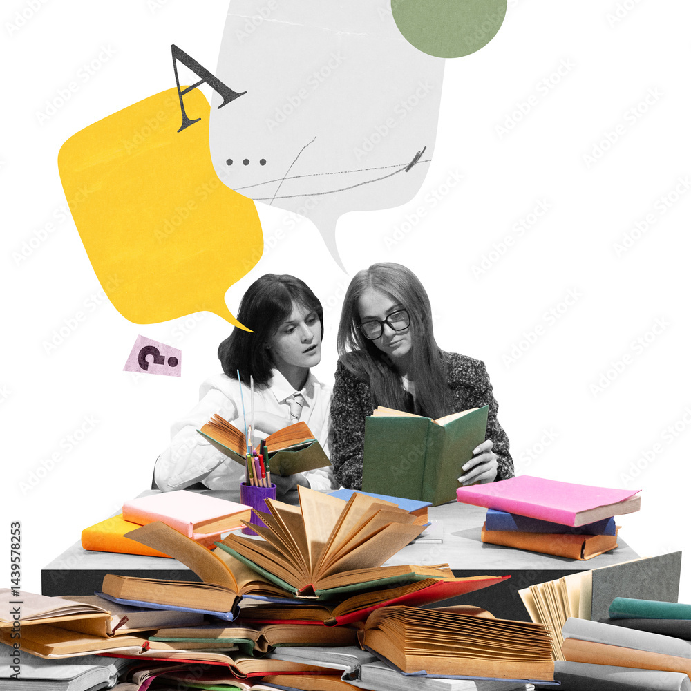 Two female students reading colorful books with creative speech bubbles flying around. Exam preparation, homework. Contemporary art collage. Concept of education, collaboration, creativity