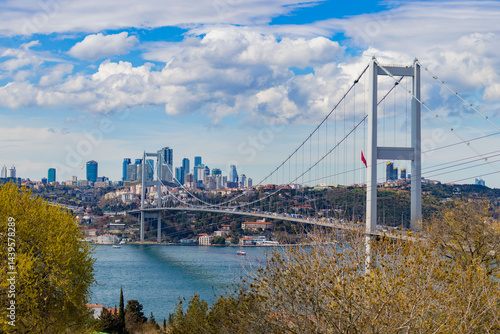 Istanbul Bosphorus Bridge or 15th July Martyrs Bridge with Istanbul panorama cityscape during summer sunny day. Istanbul, Turkiye