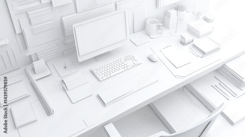 Minimalistic White Workspace with Computer and Organizers in Clean Modern Office Setting Minimalistic White Workspace with Computer and Organizers in Clean Modern Office Setting