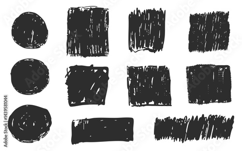 Grunge ink circle and square paint border with rough edges. Text box, sketch dirty line, splash. Scribble frame cadre textured 