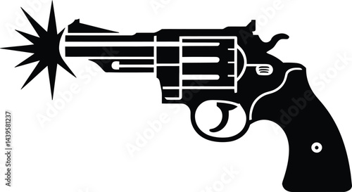 Black and white silhouette of a revolver firing a bullet spark with clean vector style