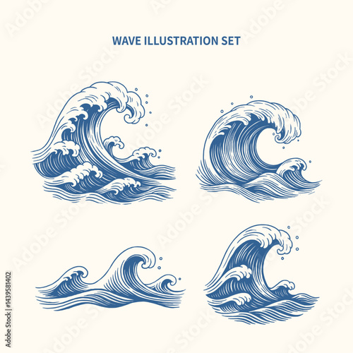 Vintage Ocean Wave Illustration Set
