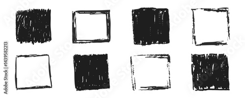 Grunge rectangle frames with textured edges, paint brush ink graffiti splatter and stencils border. Retro scribble abstract shape.