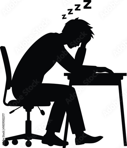Exhausted businessman drowsing at desk silhouette of overworked man falling asleep while working