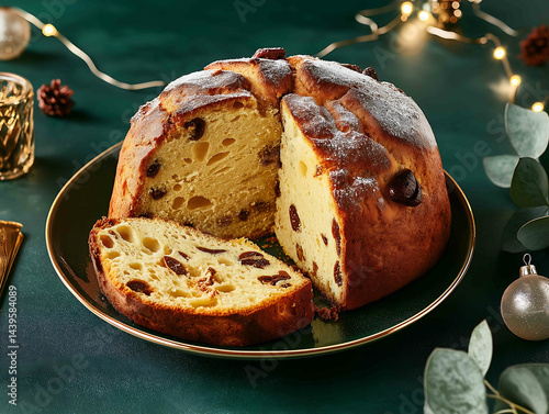 a panettone with a slice cut out sits on a deep green ceramic plate with a gold rim The panettone is lightly dusted with icing sugar The plate sits on a textured deep green backgrou