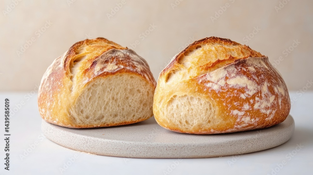 Freshly baked artisan bread loaves on white ceramic plate, rustic golden crust with airy crumb, close-up shot in natural light, and bakery concept. Freshly baked artisan bread loaves on white ceramic plate, rustic golden crust with airy crumb, close-up shot in natural light, and bakery concept.
