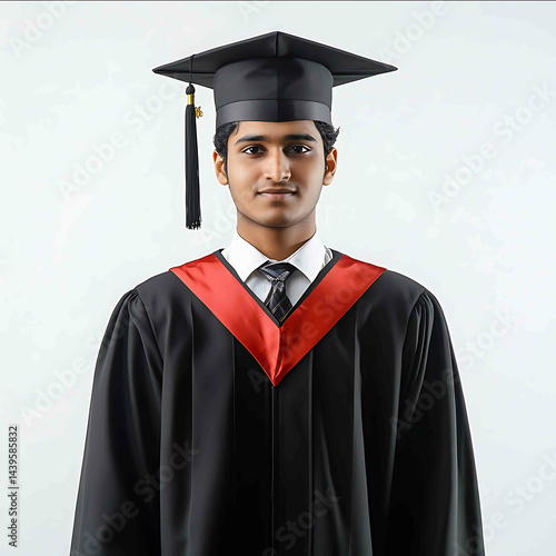 An Indian young man standing in graduation attire with a white background The man has a high skin texture looking proud and confident The image is in 4K quality showing sharp detail