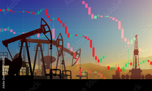 Falling price. Pumpjack on oil price chart, financial data. Land crude oil drilling rig, derrick, pump jack. Price per barrel. Onshore production, industry, business. Silhouette, desert. Vector