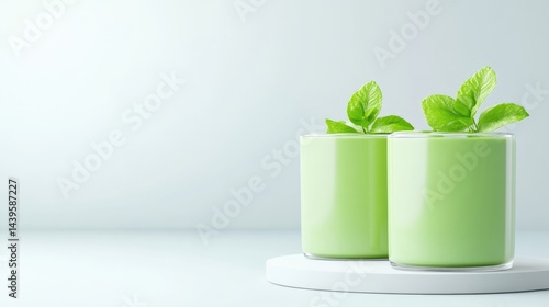 Wallpaper Mural Two glasses of vibrant green smoothie, topped with fresh mint leaves, set on a white pedestal Torontodigital.ca