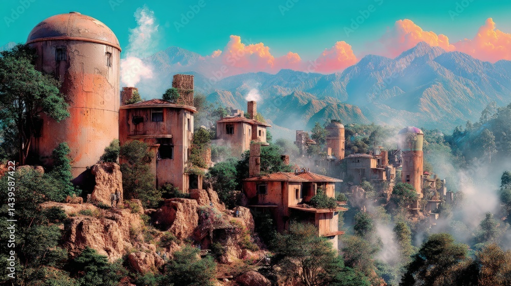 Fototapeta premium Enigmatic Mountaintop Village A Surreal