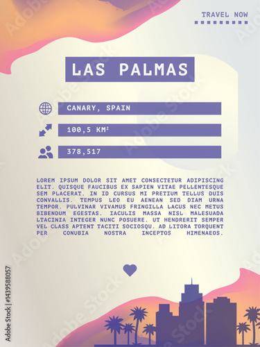 Las Palmas, Spain vector infographics, brochure layout. Guide, leaflet, flyer, advertising graphic template with text, information, city skyline shape. Page, festival, cover mock up image