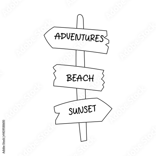 Black and white illustration of wooden adventure beach sunset signpost