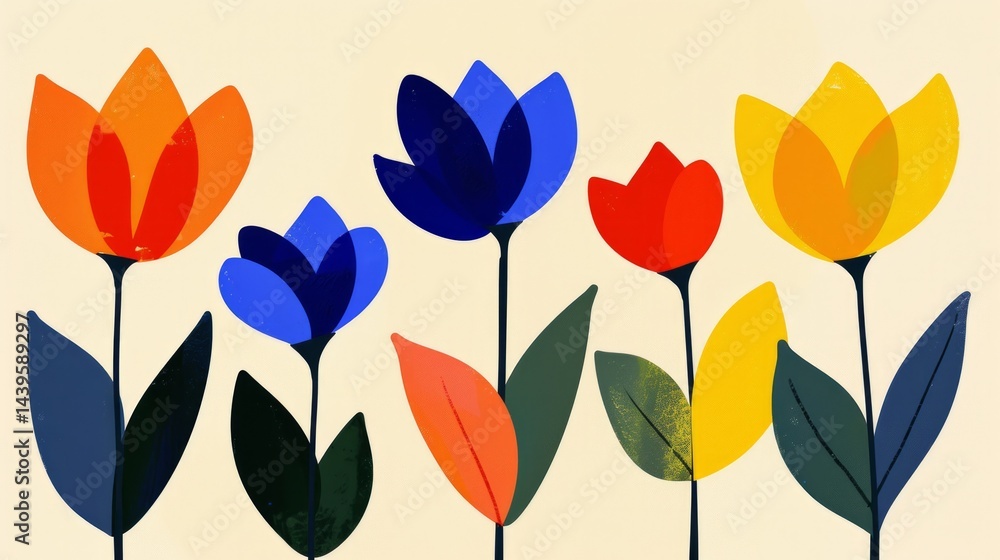 Fototapeta premium The image consists of three colorful panels filled with abstract, stylized floral designs in a playful, retro aesthetic