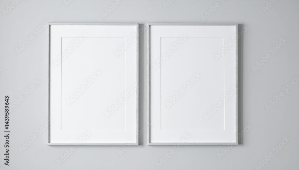 Two blank white frames on a gray wall perfect for your design mockups or artwork presentation Two blank white frames on a gray wall perfect for your design mockups or artwork presentation