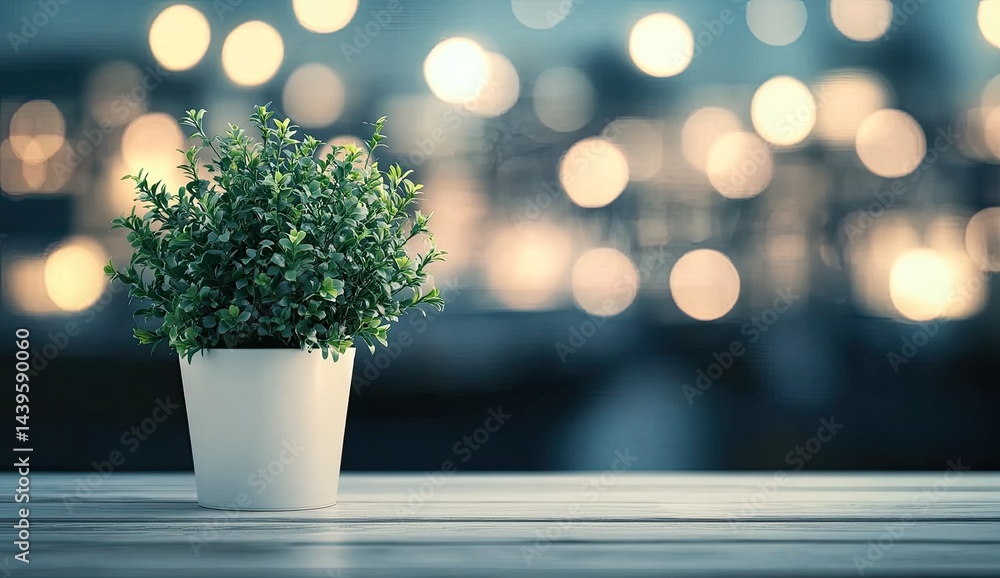 Small potted plant on wooden surface with bokeh lights Small potted plant on wooden surface with bokeh lights