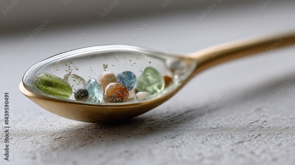 Golden Spoon with Colorful Gemstones: A close-up shot of an elegant golden spoon, its bowl adorned with a vibrant collection of multicolored gemstones, resting gracefully on a textured surface. Golden Spoon with Colorful Gemstones: A close-up shot of an elegant golden spoon, its bowl adorned with a vibrant collection of multicolored gemstones, resting gracefully on a textured surface.