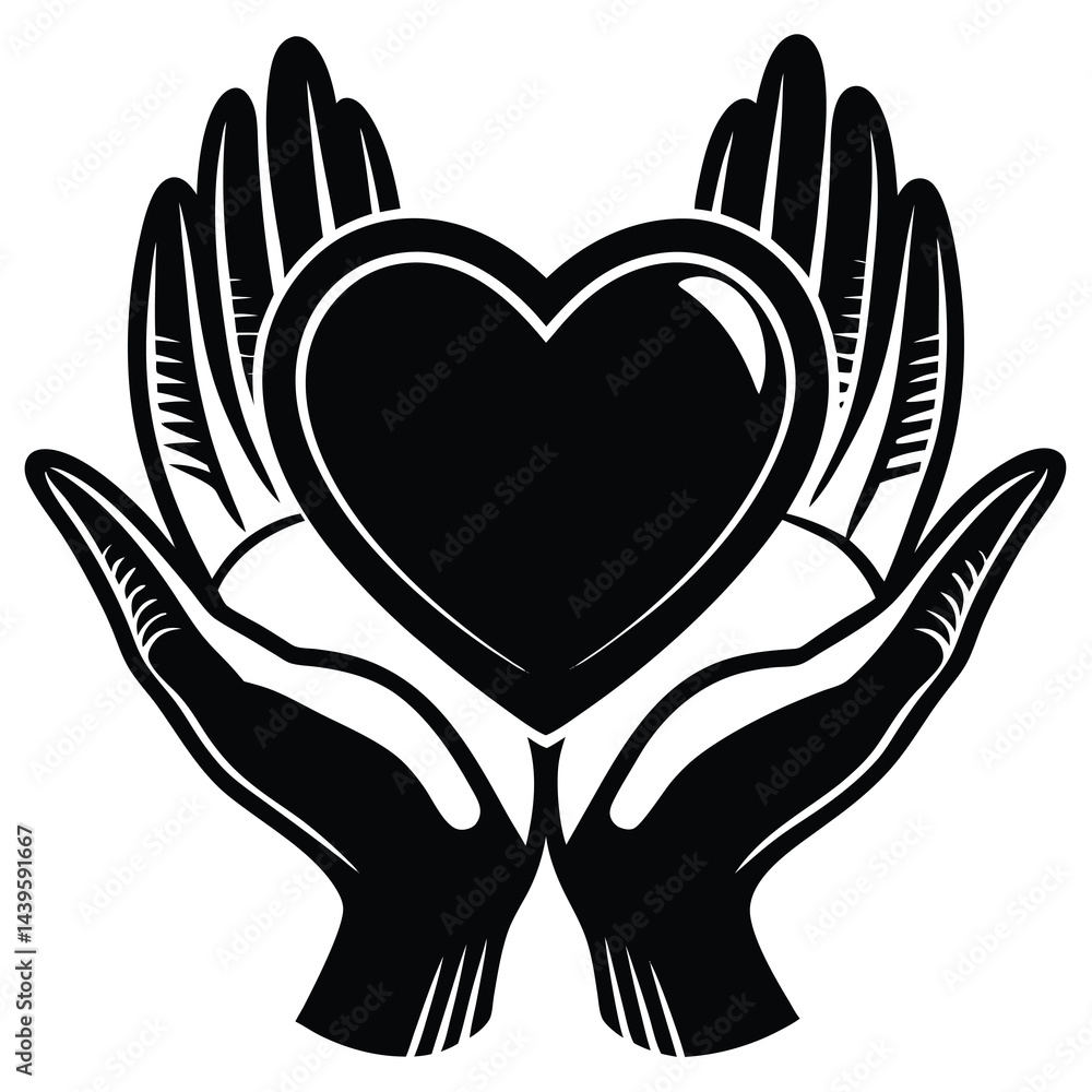 Obraz premium Hands holding heart line icon. Charity and love shape in palms symbol, outline style pictogram on white background