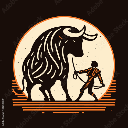 The Art of the Corrida: Matador and the Imposing Bull. Stylized vector illustration with a retro or vintage feel.