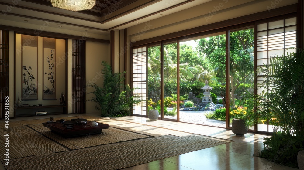 Fototapeta premium Tranquil Zen Room with Garden View
