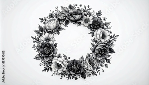 Elegant Monochrome Floral Wreath Design Perfect for Wedding Invitations or Elegant Stationary
