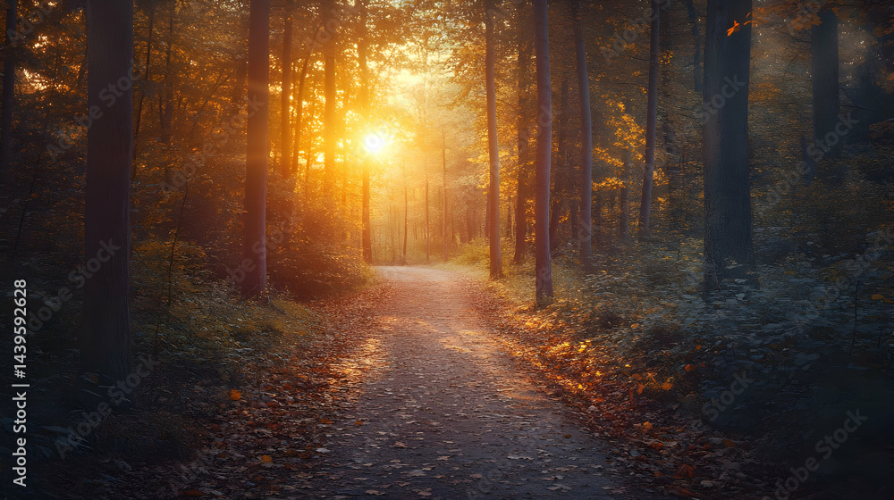 Fototapeta premium Sunset Forest Path: A Serene Autumn Landscape