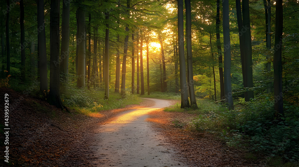 Obraz premium Sunlit Forest Path: A Scenic Autumn Walk