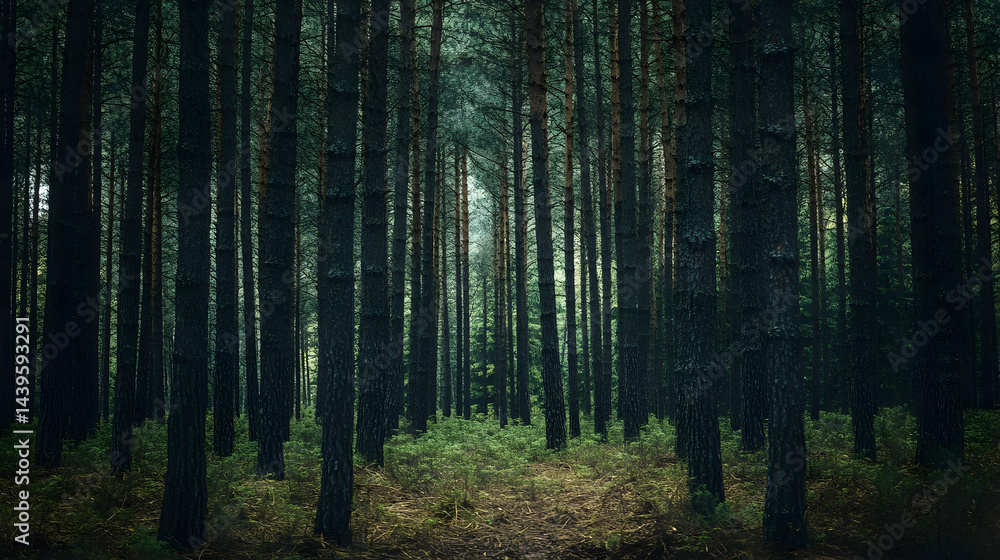 Obraz premium Enchanted Forest: A Serene Landscape of Tall Pine Trees