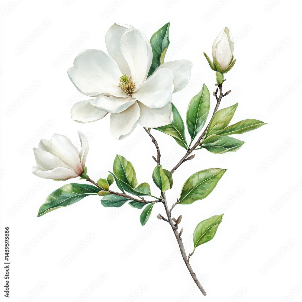 Obraz premium Delicate magnolia blossom reveals serene beauty in realistic boho illustration