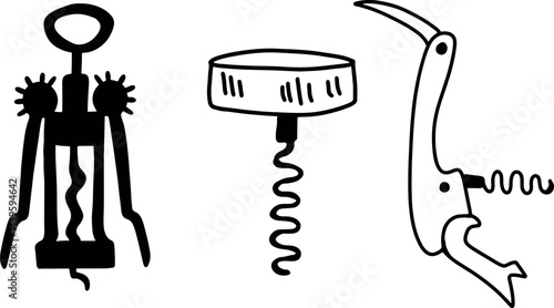 Sommelier. Black outline. Corkscrew drawing line sketch