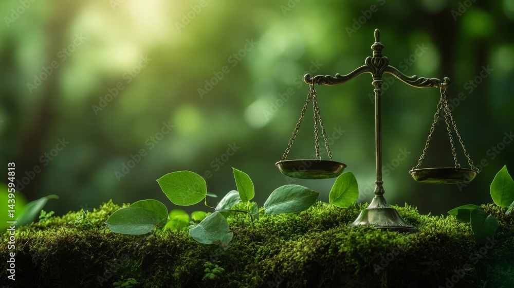 © Ika P - Scales of justice and green leaves on a forest background. Eco-friendly. Environment law and sustainable development. Global environment. Sustainable environment protection. Green environment. Health