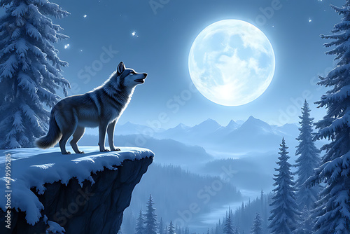 Wallpaper Mural fantasy style 4D wolf standing on a snowy cliff, howling to a radiant full moon, wide winter forest view below, magical sparkling snow in the air Torontodigital.ca