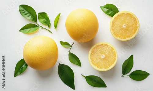 Wallpaper Mural Fresh Yellow Citrus Fruits with Green Leaves on White Background Torontodigital.ca