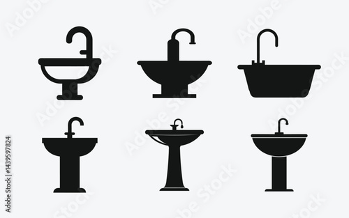 Minimalist Set of Bathroom Sinks and Faucets Icons, Vector Black Silhouette Illustration
