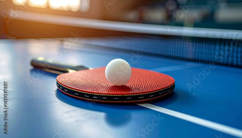A red ping pong racket and ball ready for a game