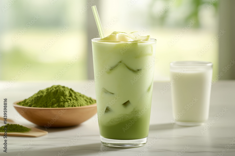 Creamy green tea latte in tall glass with ice and straw, accompanied by bowl of green tea powder and glass of milk. This refreshing drink is perfect for warm day Creamy green tea latte in tall glass with ice and straw, accompanied by bowl of green tea powder and glass of milk. This refreshing drink is perfect for warm day