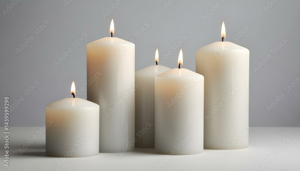 Several lit ivory candles of varying heights creating a warm and inviting atmosphere on a white table. Several lit ivory candles of varying heights creating a warm and inviting atmosphere on a white table.