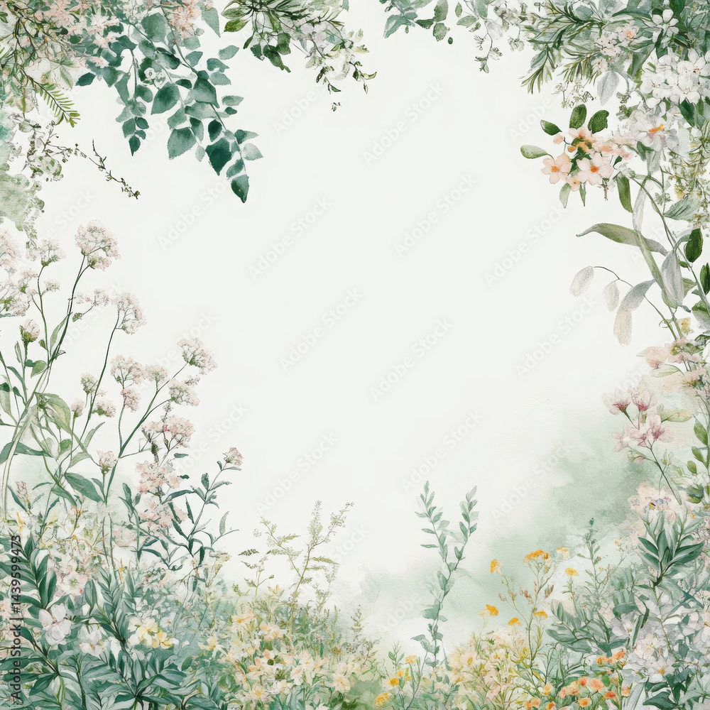 Soft watercolor painting of flowers and leaves evokes serenity Soft watercolor painting of flowers and leaves evokes serenity
