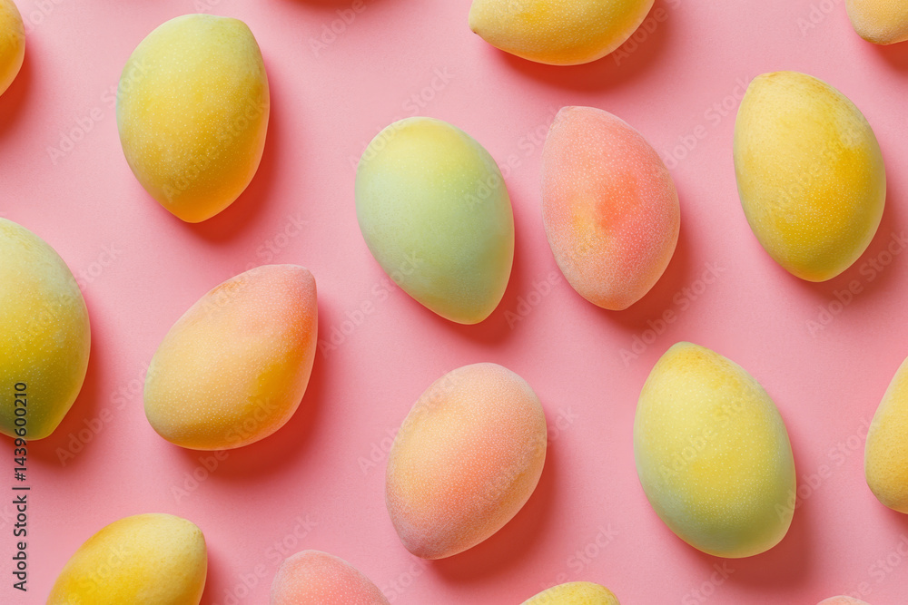 Fresh mangoes in pastel colors arranged on pink background create vibrant and cheerful display. smooth texture and soft hues evoke sense of summer and sweetness Fresh mangoes in pastel colors arranged on pink background create vibrant and cheerful display. smooth texture and soft hues evoke sense of summer and sweetness