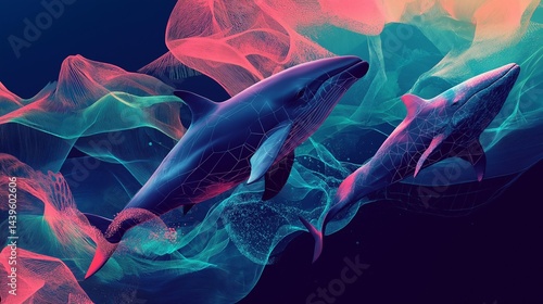 Dolphin Dance in Abstract Ocean: Two dolphins gracefully swim through an ethereal, abstract ocean, their forms highlighted against swirling, vibrant colors of teal and pink.