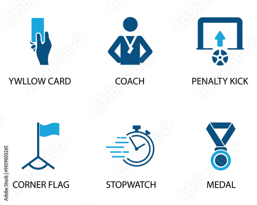Soccer Match Icons. Yellow Card, Coach, Penalty Kick, Corner Flag, Stopwatch and Medal