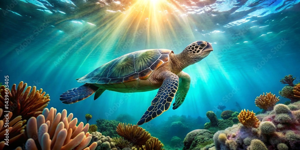 Fototapeta premium Majestic Sea Turtle Gracefully Navigating a Vibrant Underwater Coral Reef Ecosystem Bathed in Sunlight