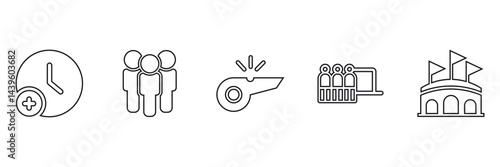 Minimalist Football Icons Set: Extra Time, Team, Whistle, Bench, Stadium | Sports Vector Design