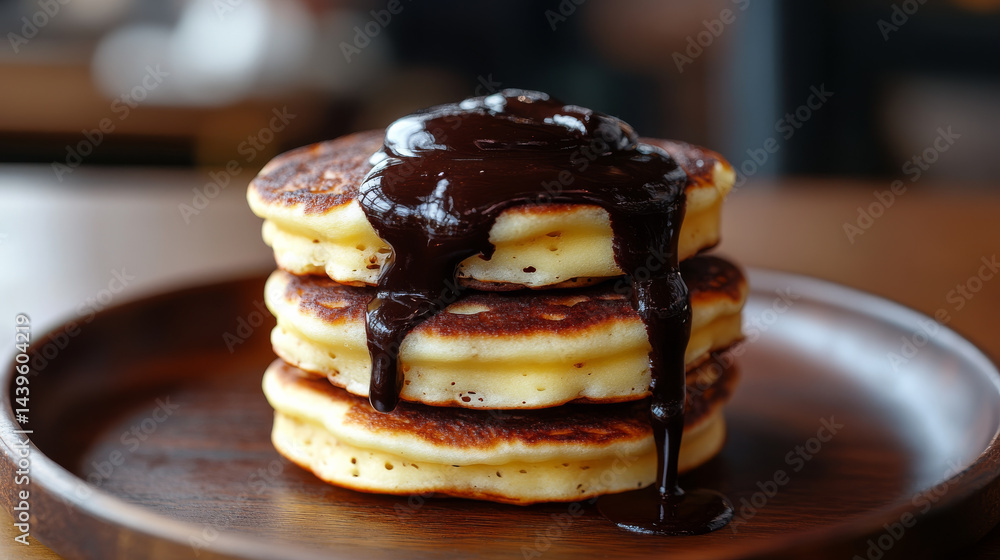 Delicious stack of fluffy pancakes topped with rich chocolate sauce, served on wooden plate, creating mouthwatering and inviting breakfast scene Delicious stack of fluffy pancakes topped with rich chocolate sauce, served on wooden plate, creating mouthwatering and inviting breakfast scene
