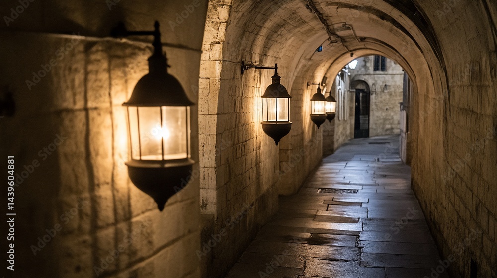 Fototapeta premium Dark, arched stone passageway lit by wall-mounted lanterns