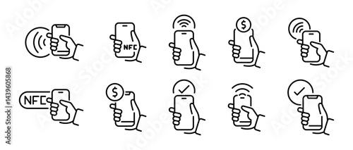 NFC technology. Near field communication. NFC icons. Contactless payment icons. Wireless pay.