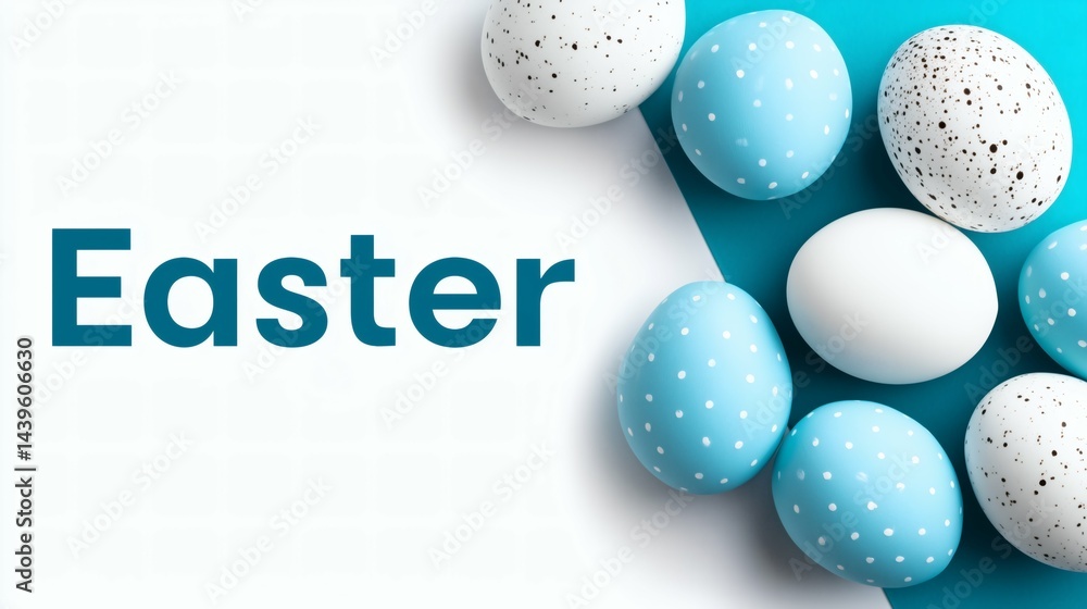 Blue and white Easter eggs with modern text, Creative Easter greeting background, Minimalistic spring celebration concept